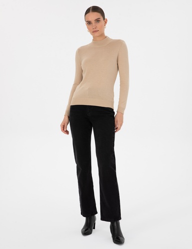 Bej Slim Fit Yarım Balıkçı Basic Kazak