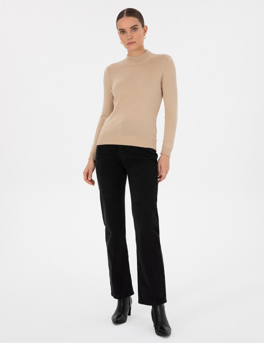 Bej Slim Fit Yarım Balıkçı Basic Kazak