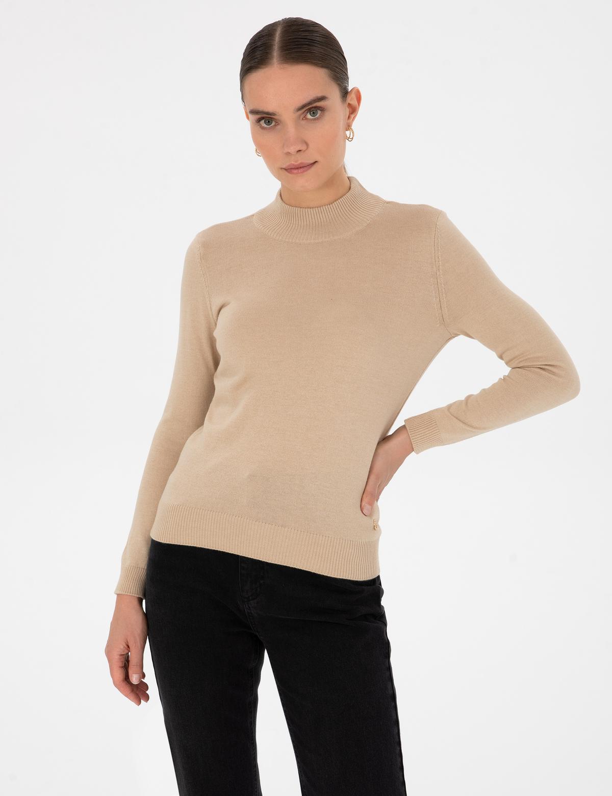 Bej Slim Fit Yarım Balıkçı Basic Kazak - 50315768071