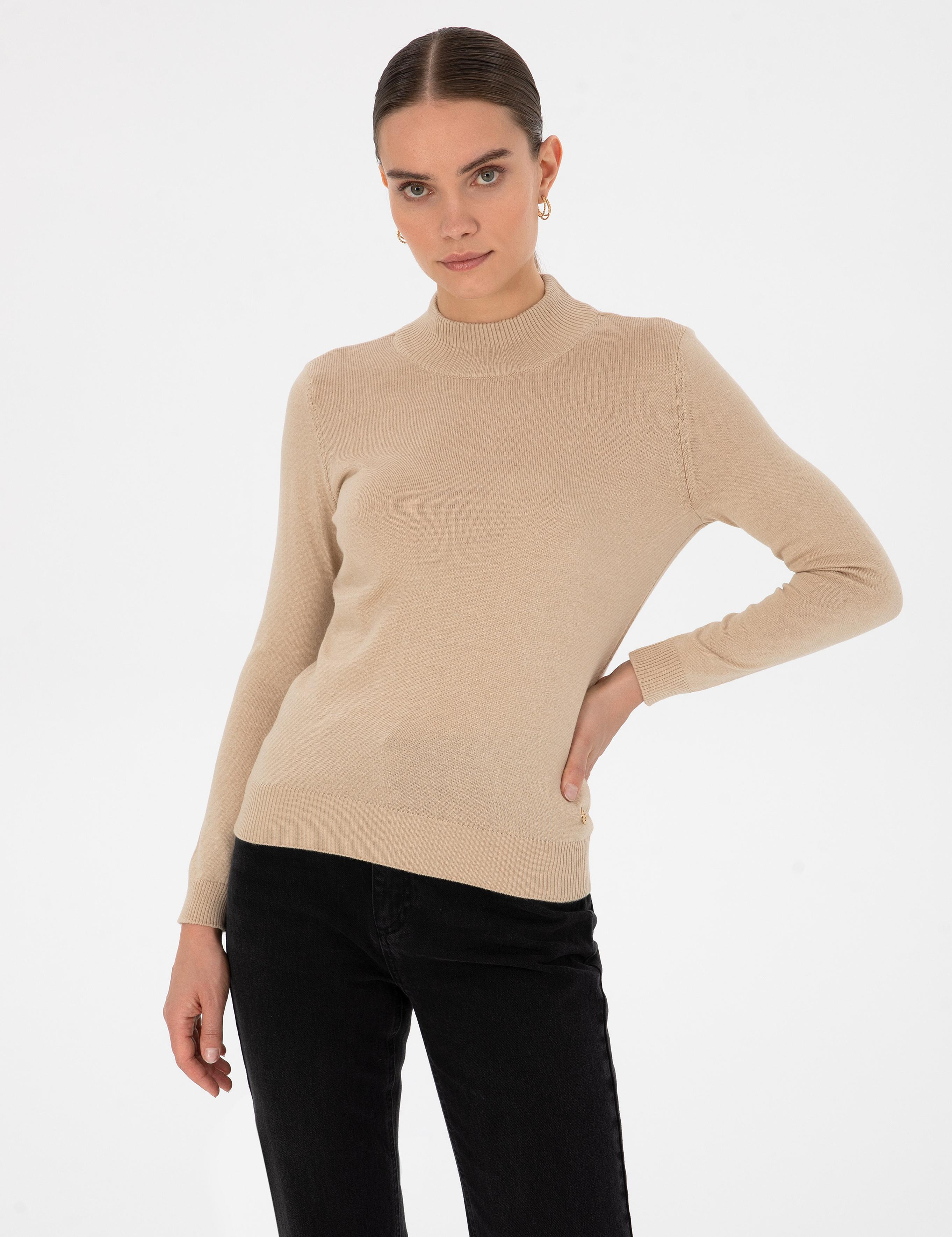 Bej Slim Fit Yarım Balıkçı Basic Kazak