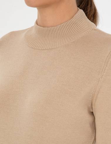 Bej Slim Fit Yarım Balıkçı Basic Kazak