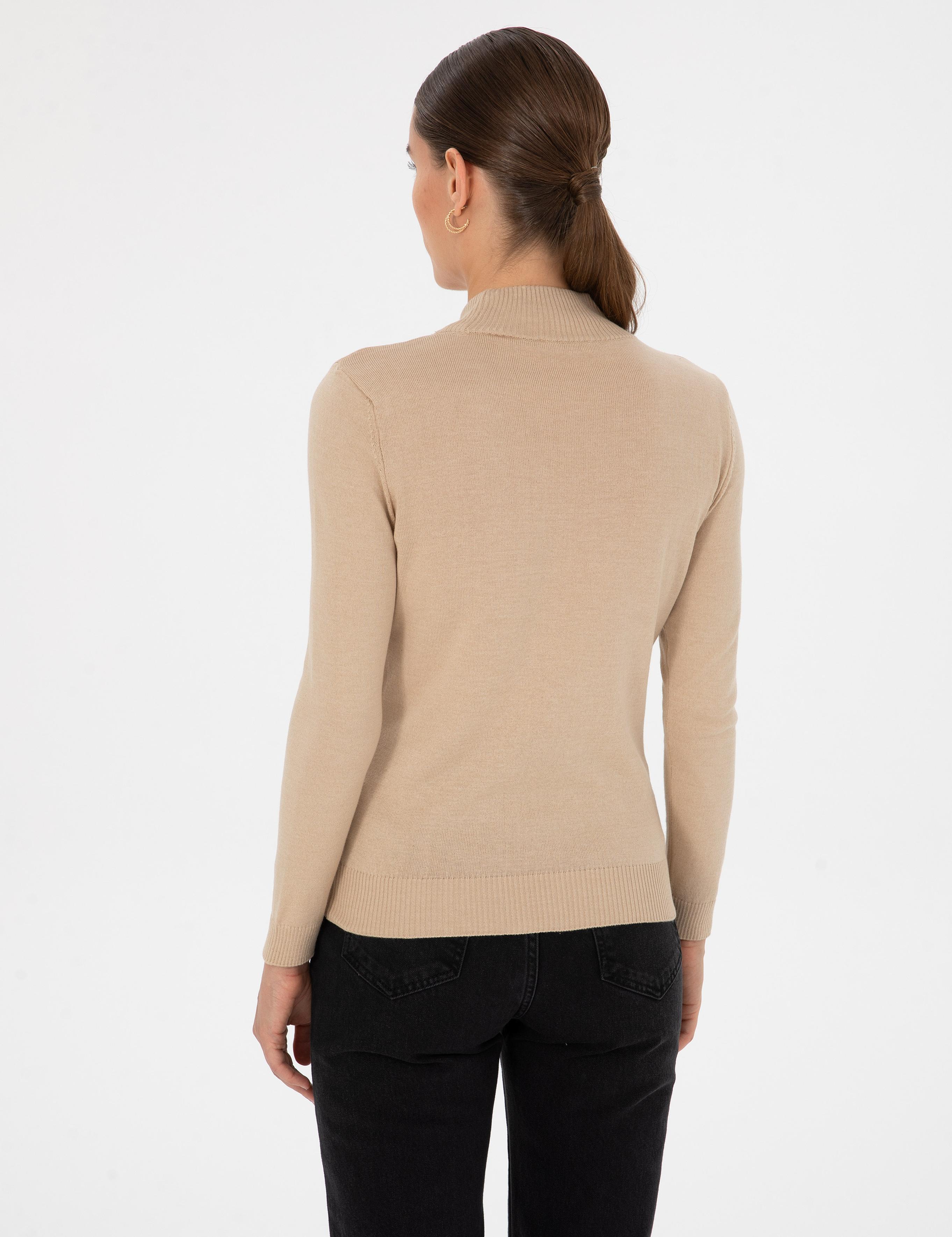 Bej Slim Fit Yarım Balıkçı Basic Kazak