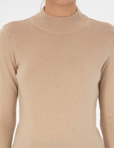 Bej Slim Fit Yarım Balıkçı Basic Kazak