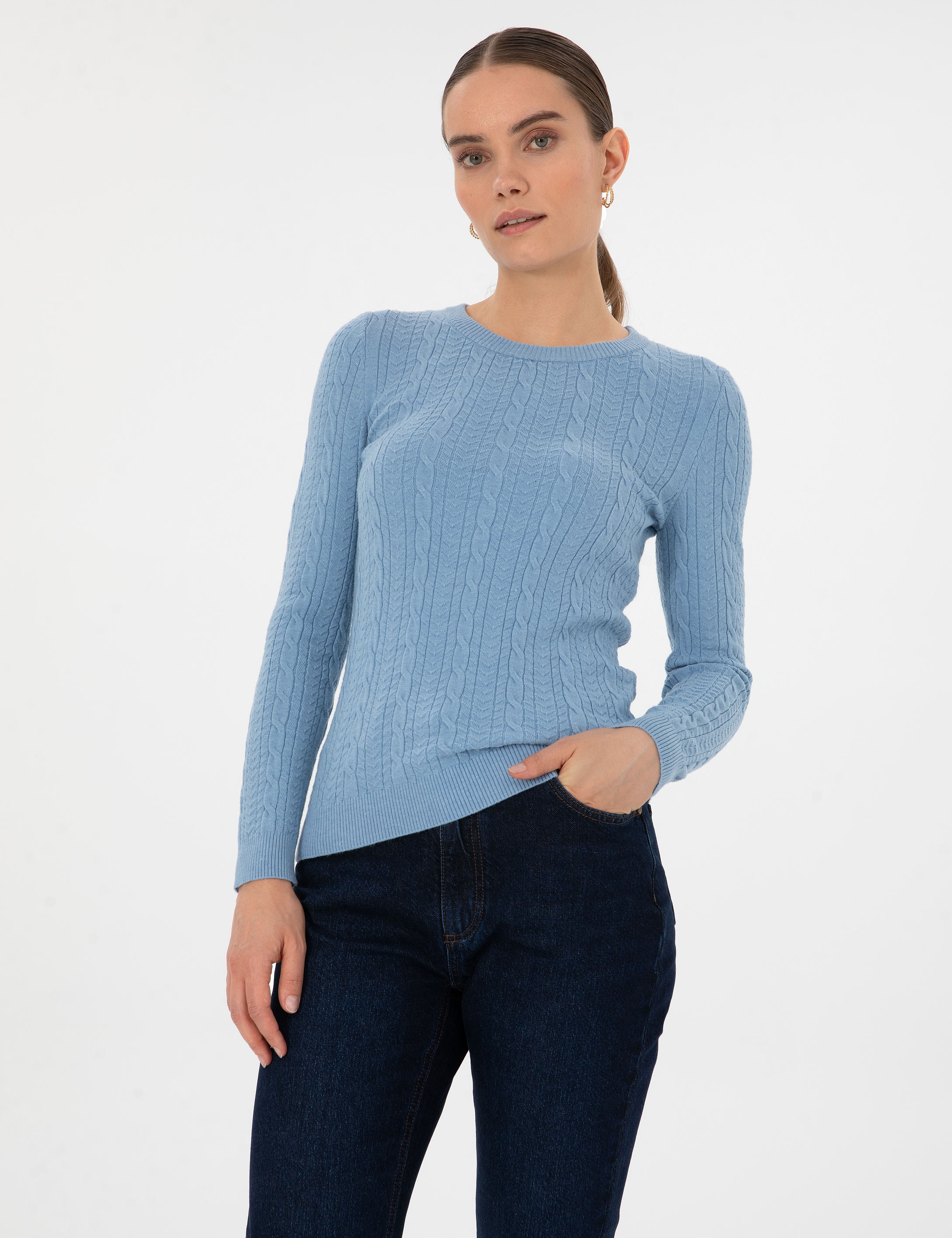 Açık Mavi Extra Slim Fit Örgü Desenli Kazak - Image 2