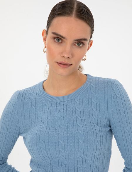 Açık Mavi Ex. Slim Fit Örgü Desenli Kazak - 50316334019