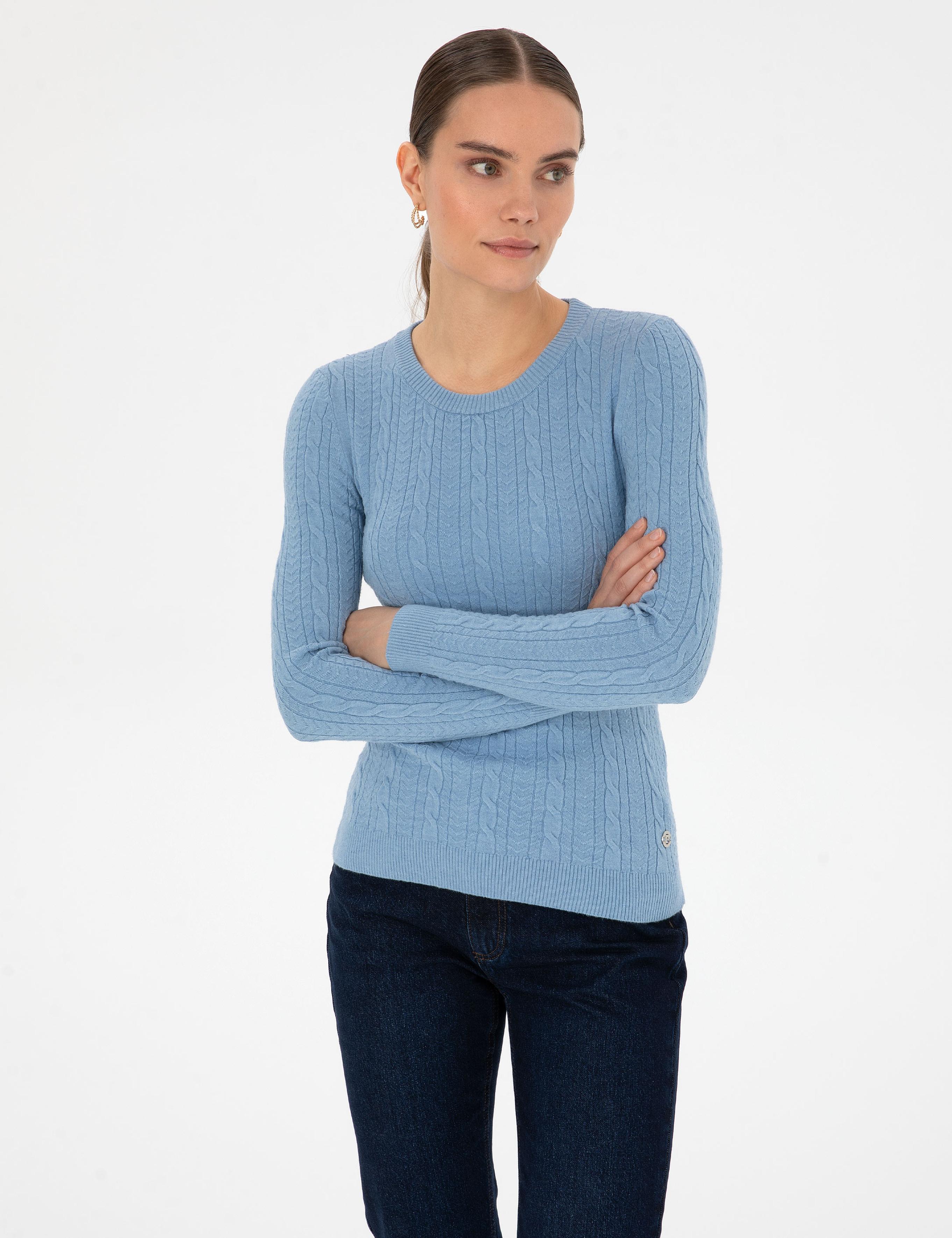 Açık Mavi Ex. Slim Fit Örgü Desenli Kazak