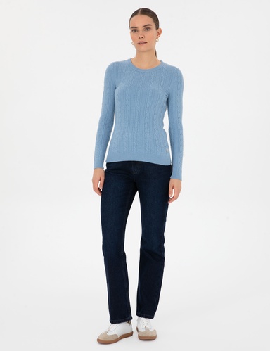 Açık Mavi Extra Slim Fit Örgü Desenli Kazak