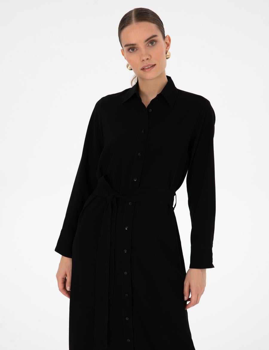 Siyah Comfort Fit Dokuma Elbise