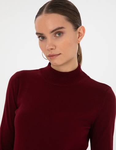 Vişne Slim Fit Yarım Balıkçı Yaka Basic Kazak