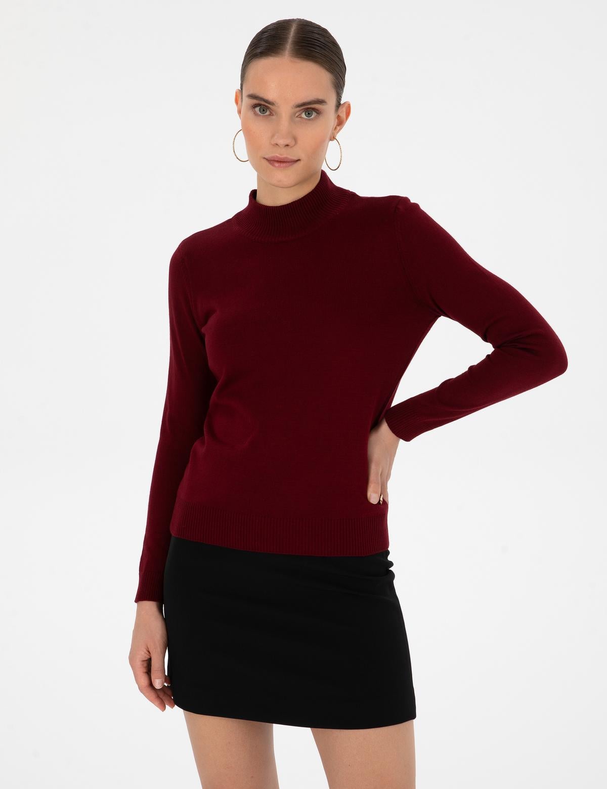 Vişne Slim Fit Yarım Balıkçı Yaka Basic Kazak - 50315768064