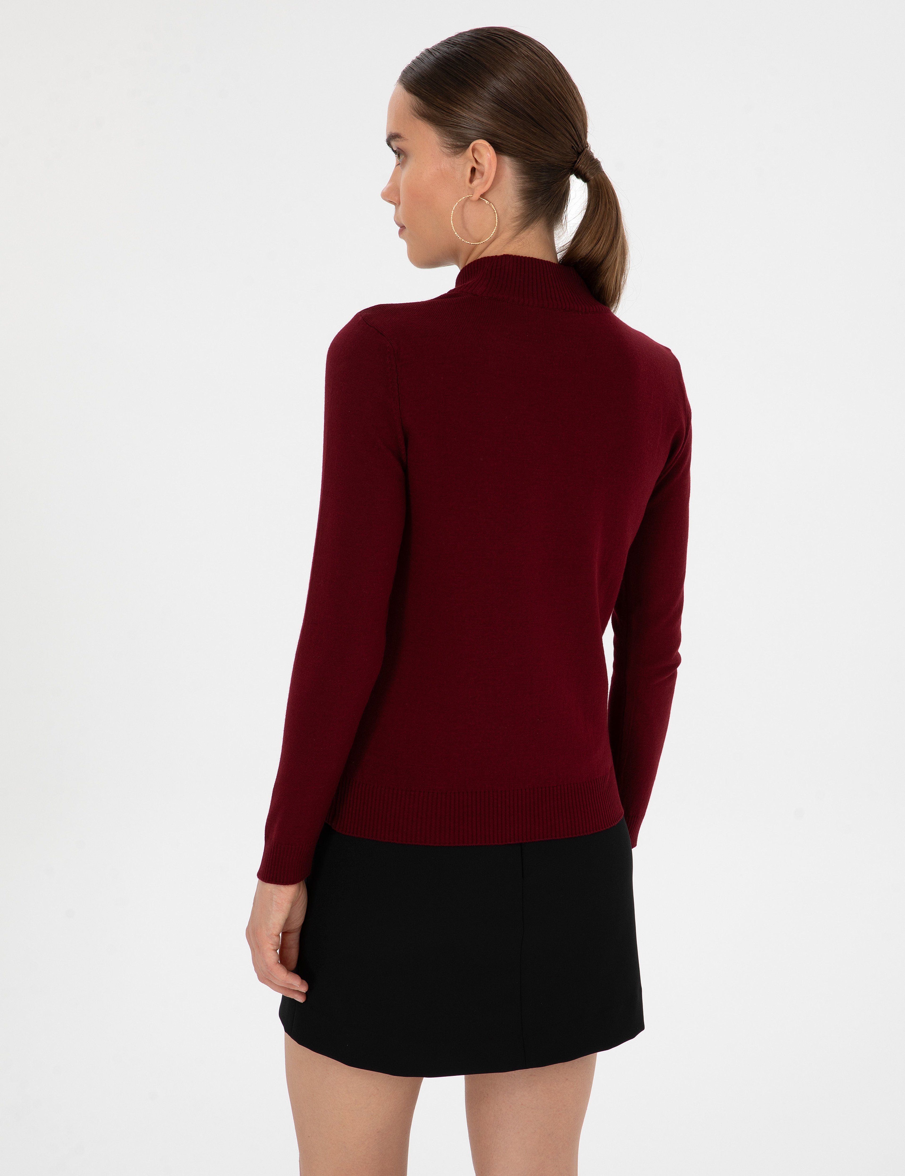 Vişne Slim Fit Yarım Balıkçı Yaka Basic Kazak