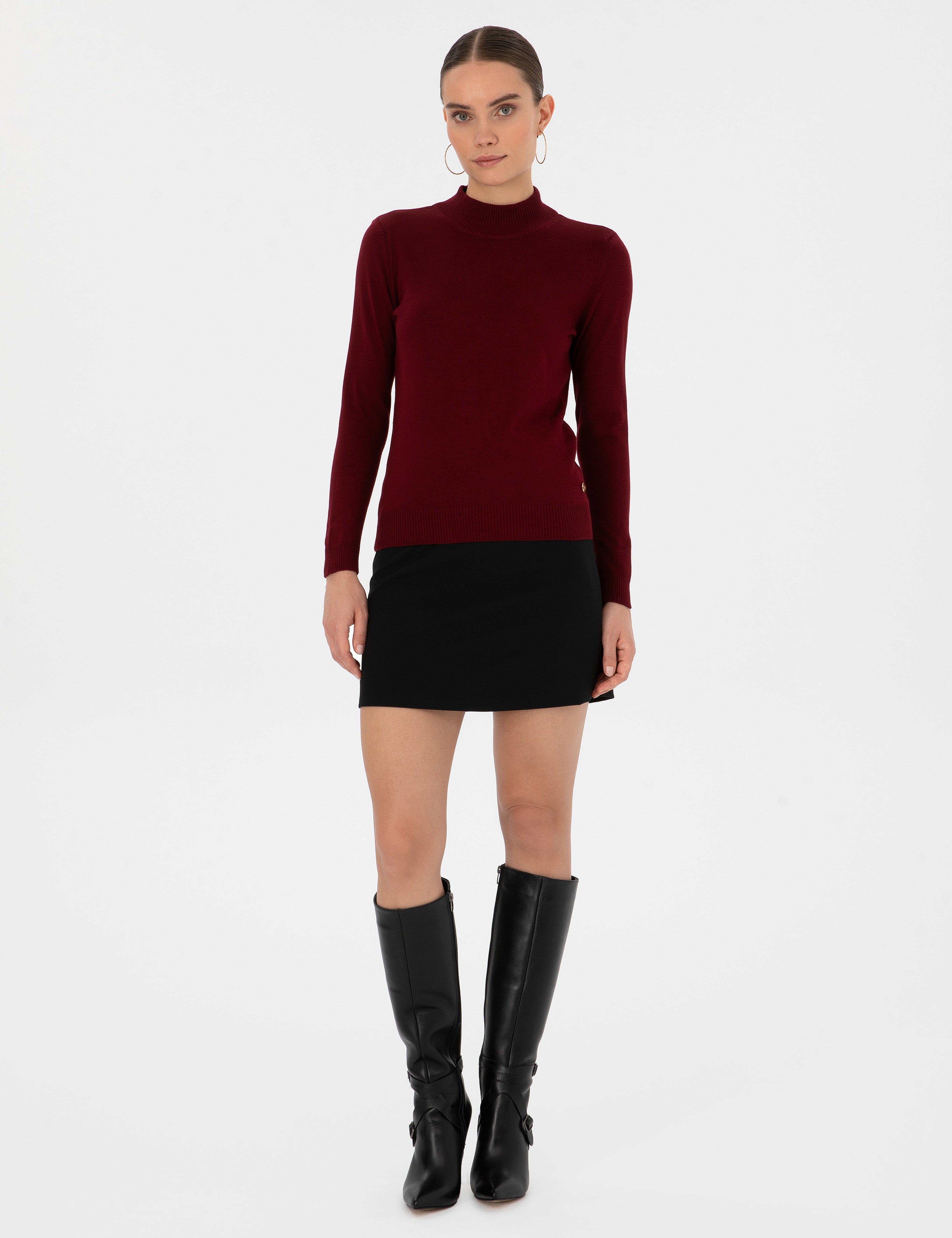Vişne Slim Fit Yarım Balıkçı Yaka Basic Kazak