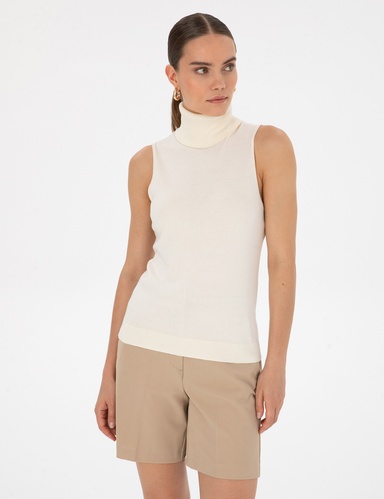 Ekru Slim Fit Balıkçı Yaka Kazak