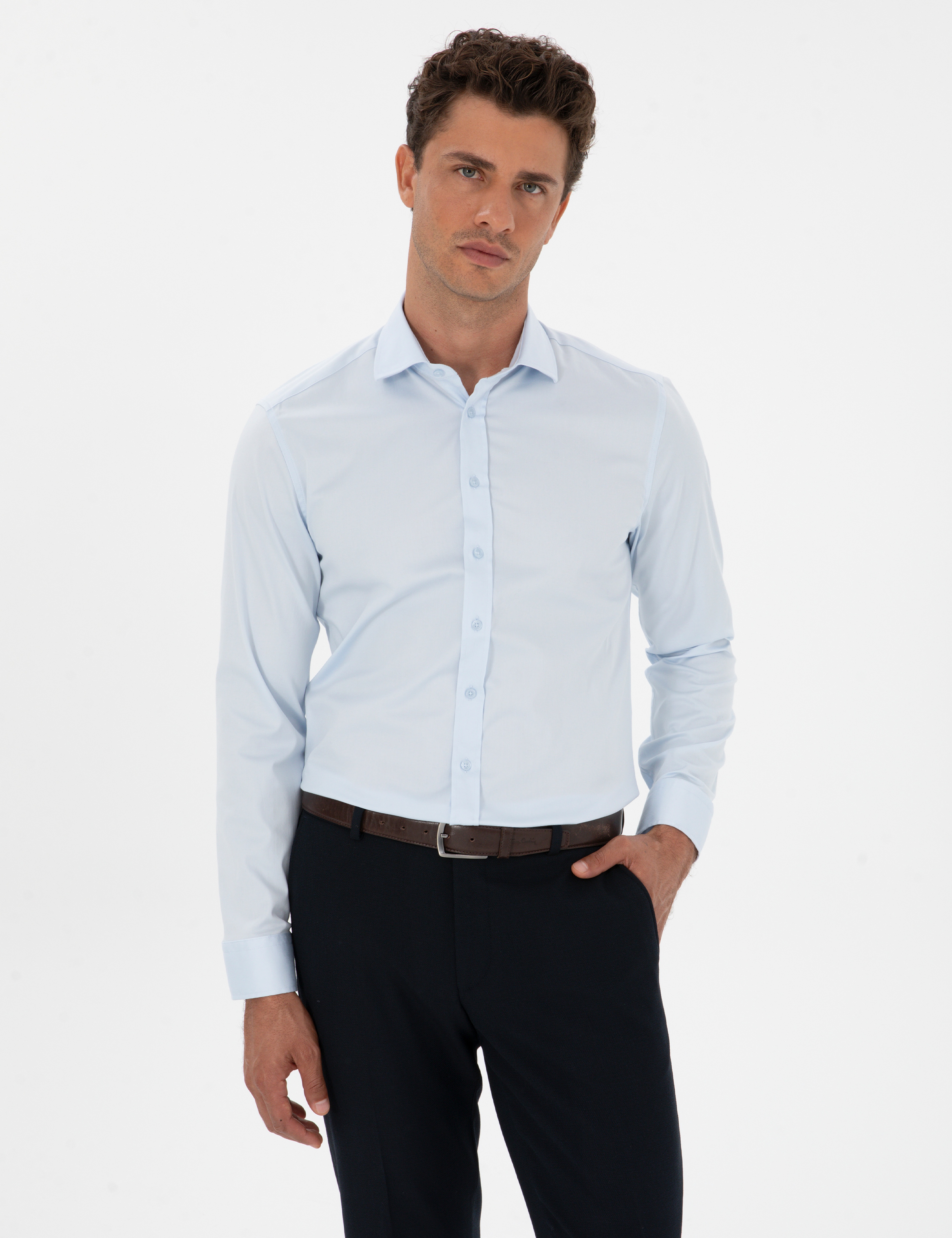 Açık Mavi Armürlü Slim Fit Gömlek - Image 3