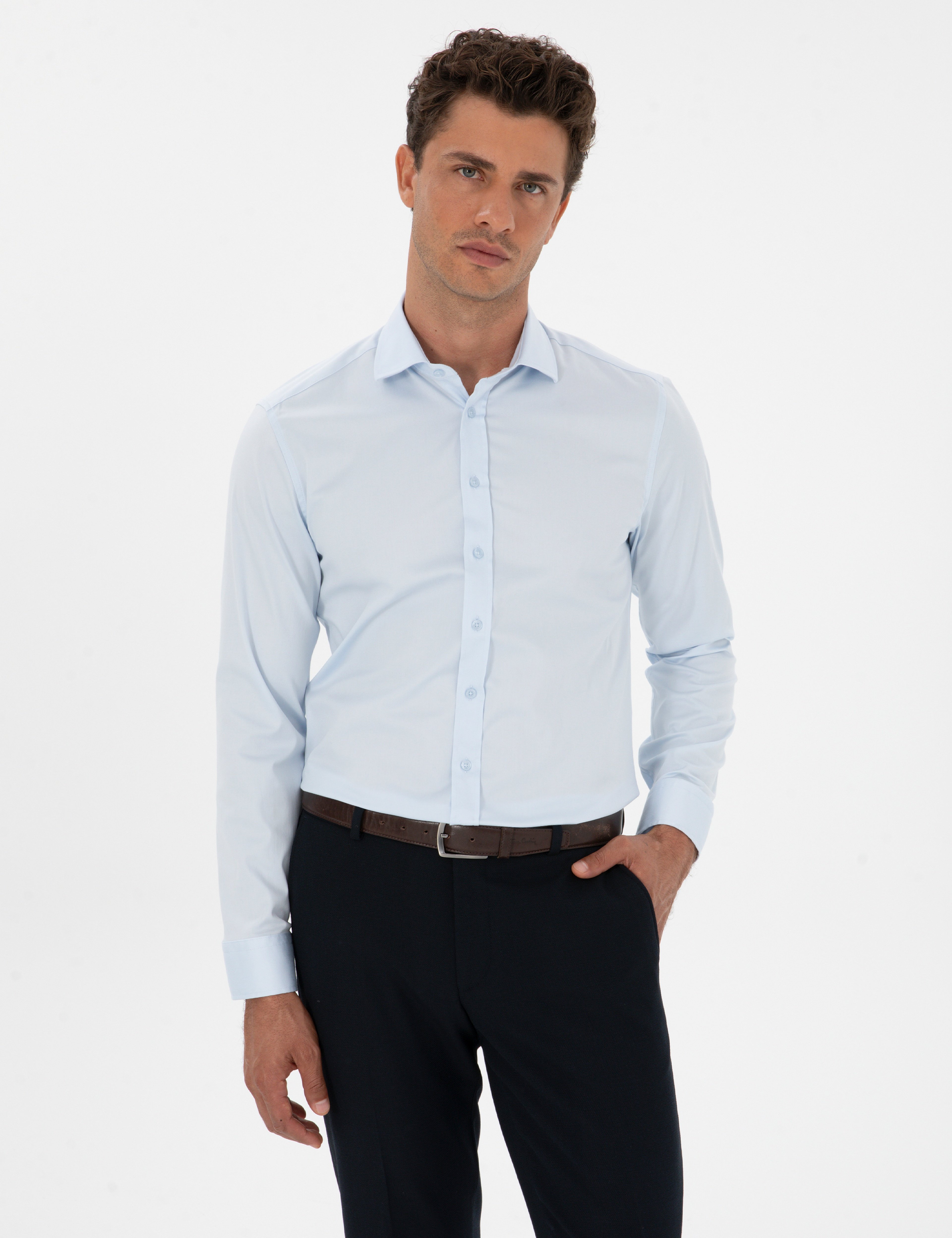 Açık Mavi Armürlü Slim Fit Gömlek