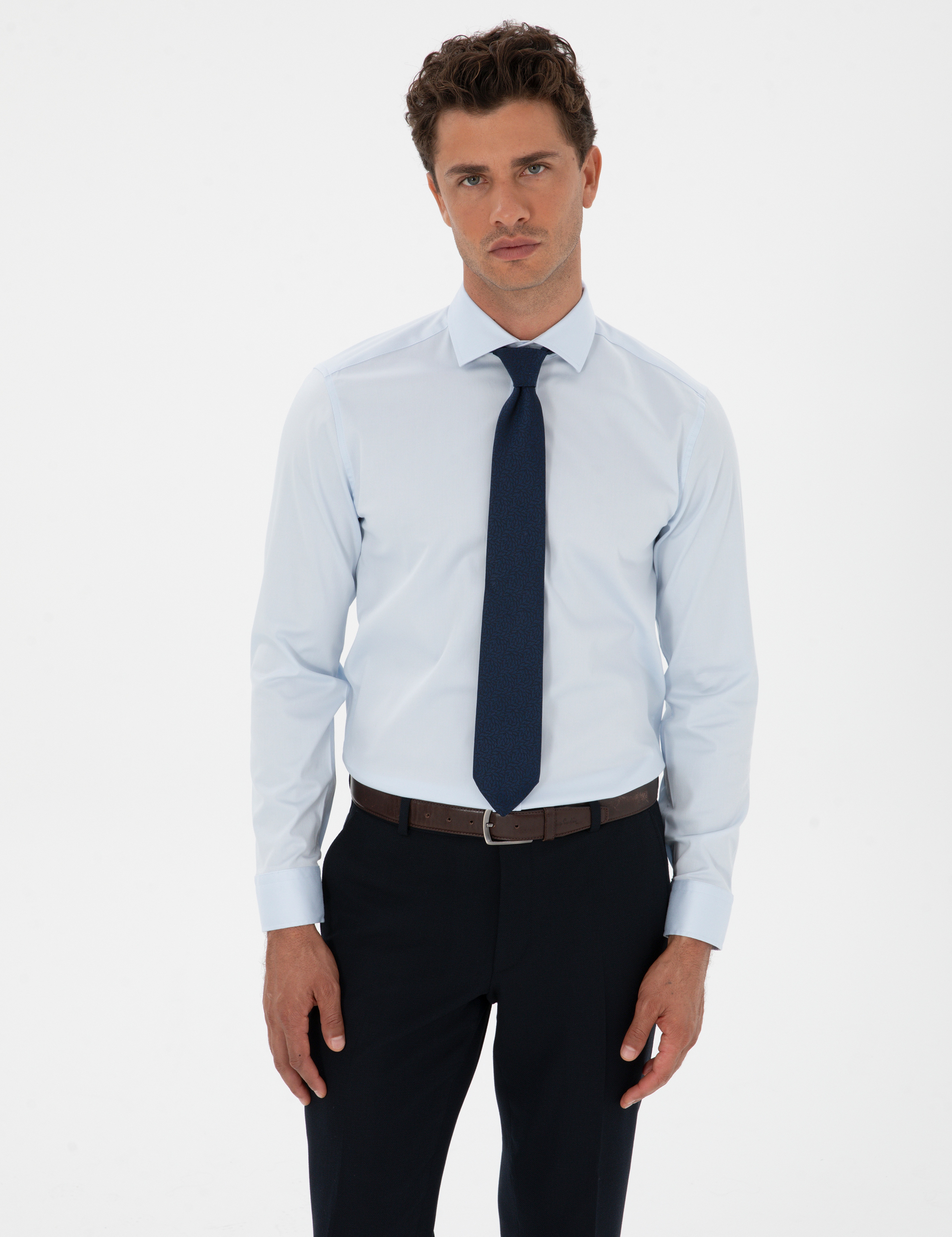 Açık Mavi Armürlü Slim Fit Gömlek - Image 1