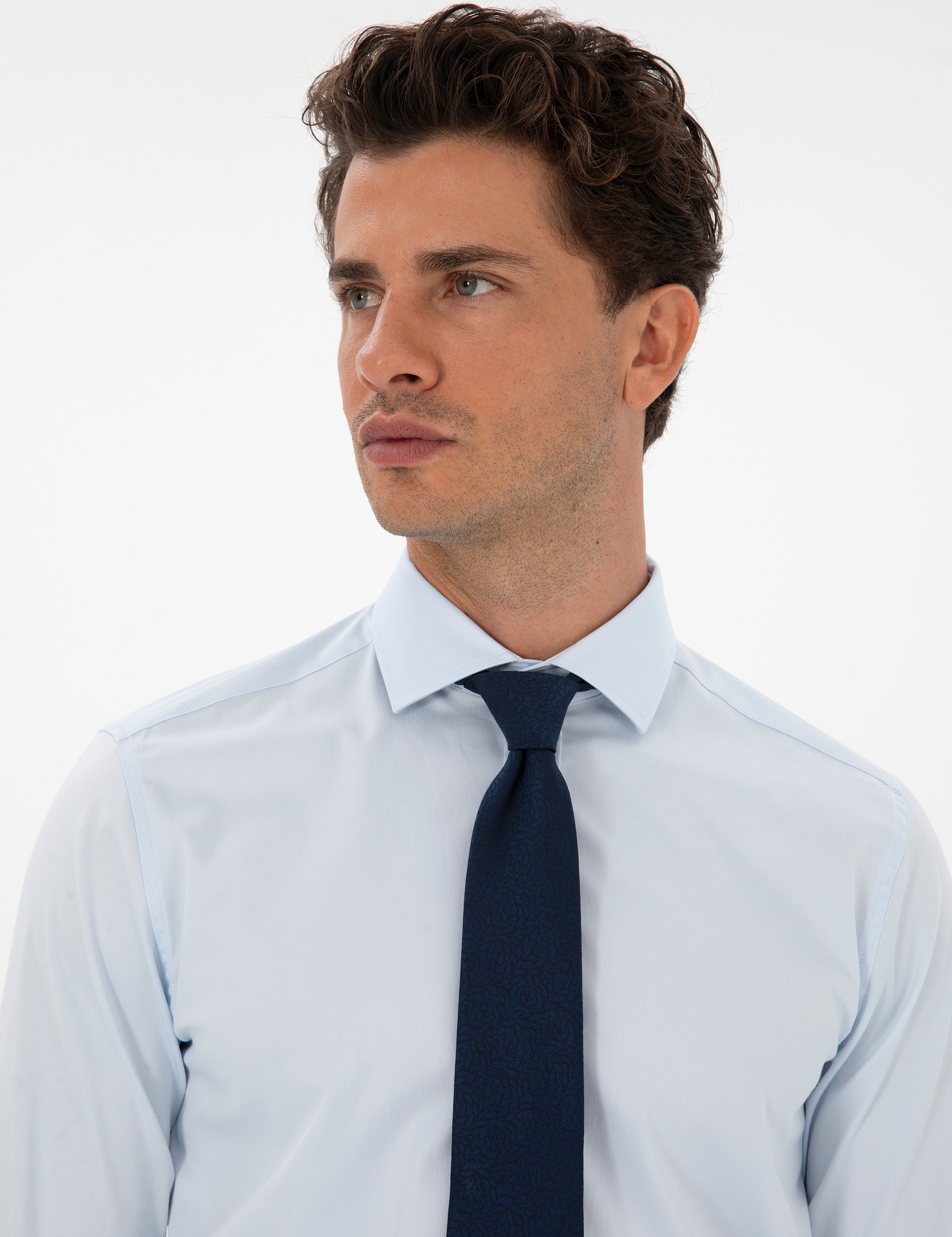 Açık Mavi Armürlü Slim Fit Gömlek - Image 2
