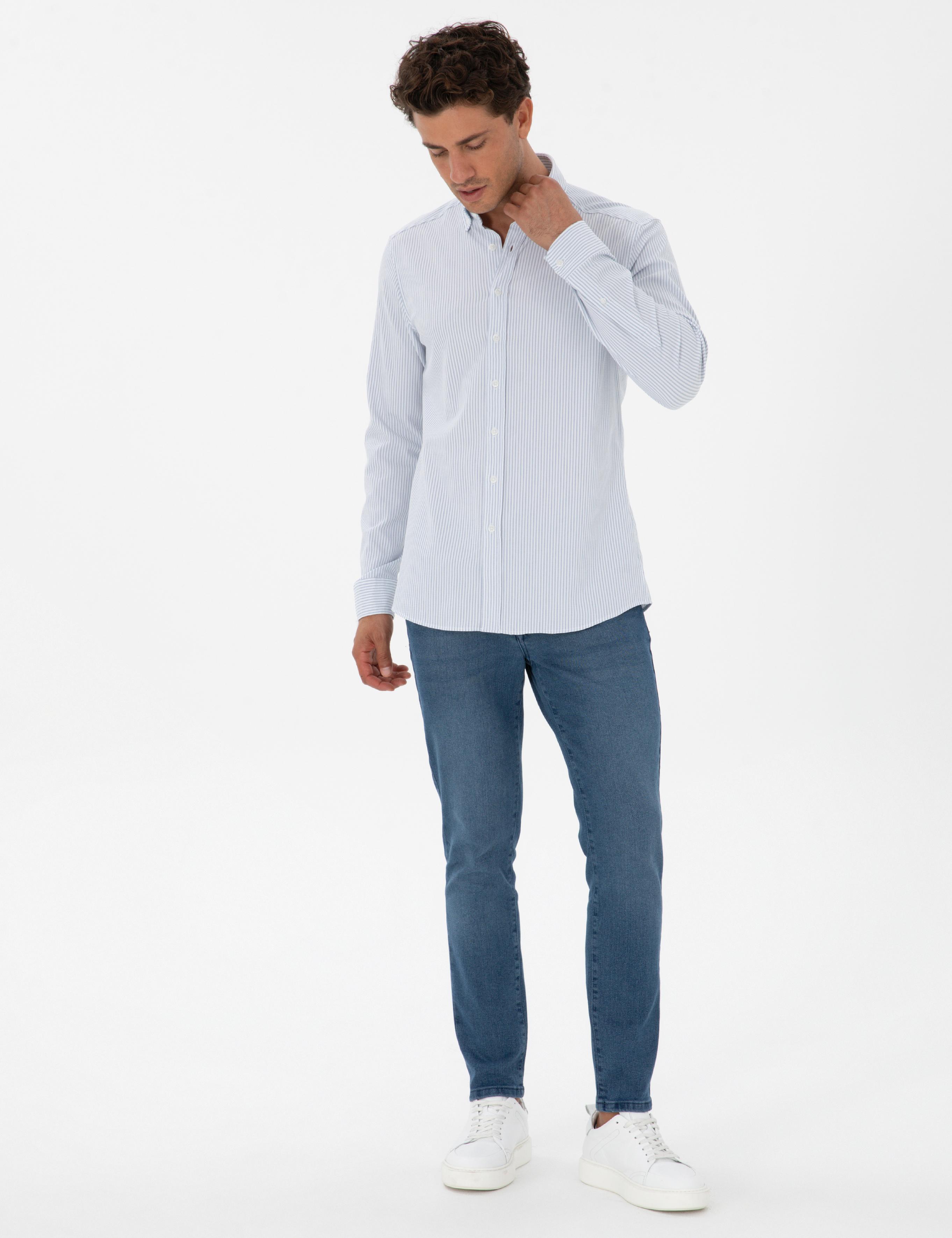 İndigo Slim Fit Çizgili Slim Fit Gömlek