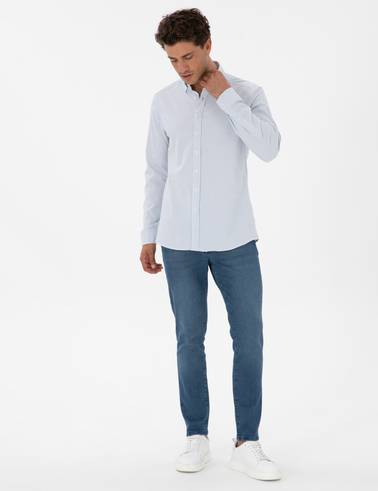 İndigo Slim Fit Çizgili Slim Fit Gömlek