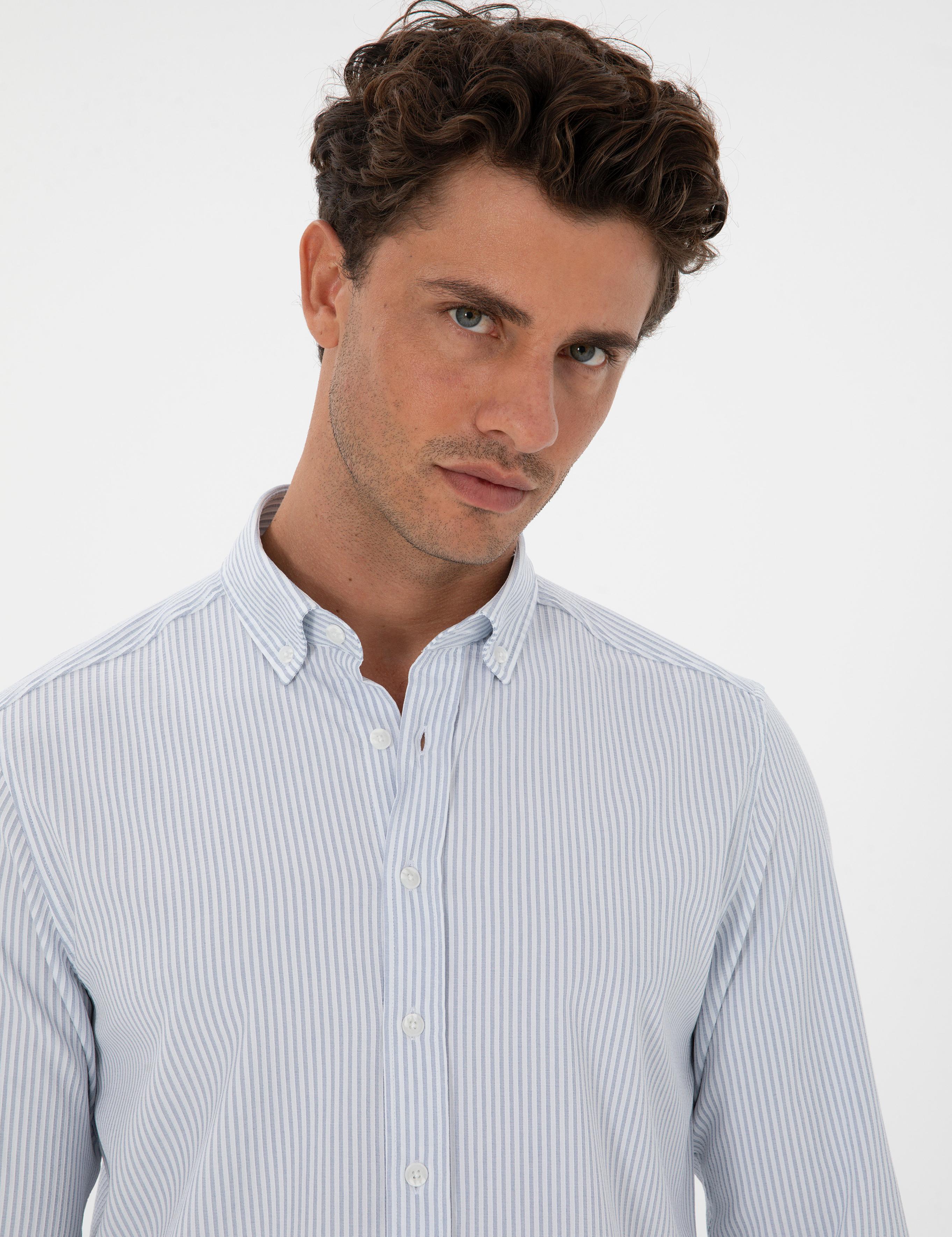İndigo Slim Fit Çizgili Slim Fit Gömlek