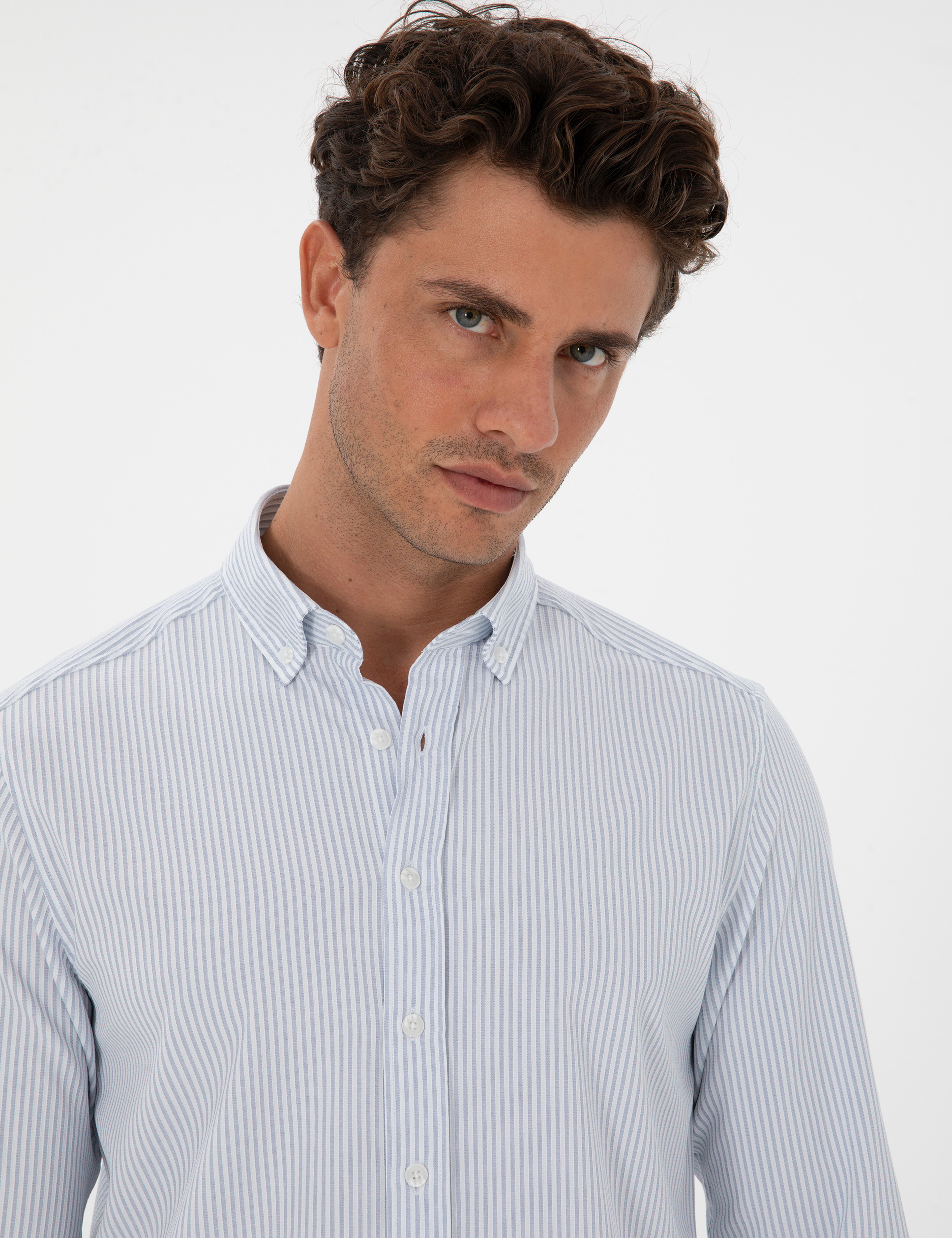 İndigo Slim Fit Çizgili Slim Fit Gömlek - Image 2