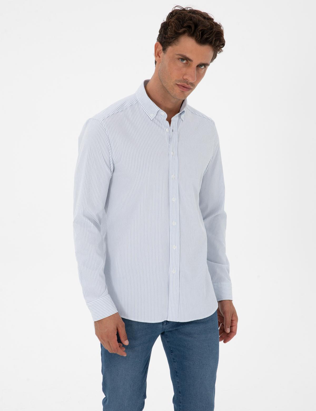 İndigo Slim Fit Çizgili Slim Fit Gömlek