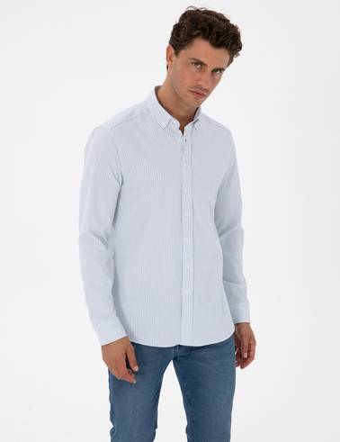 İndigo Slim Fit Çizgili Slim Fit Gömlek