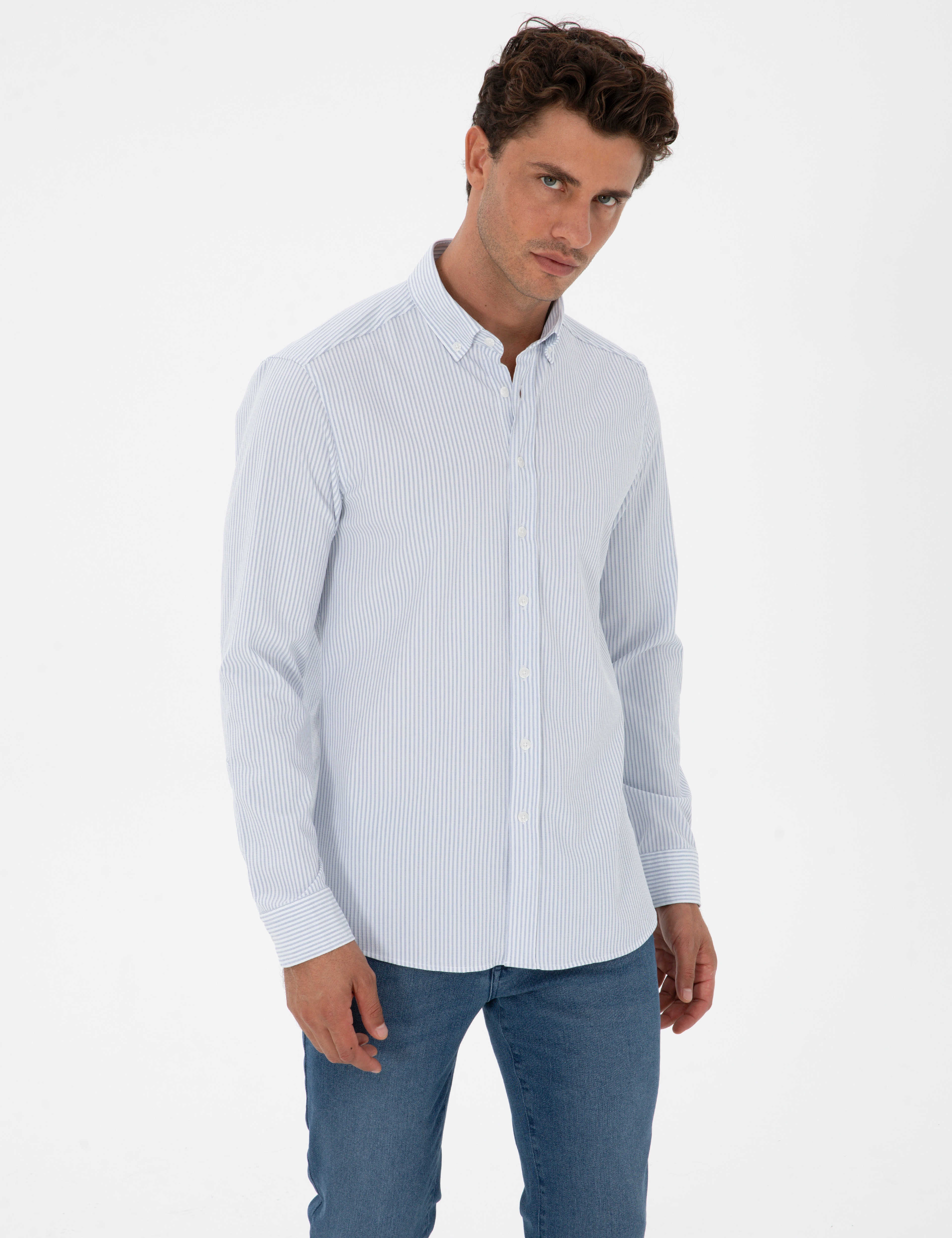 İndigo Slim Fit Çizgili Slim Fit Gömlek - Image 1
