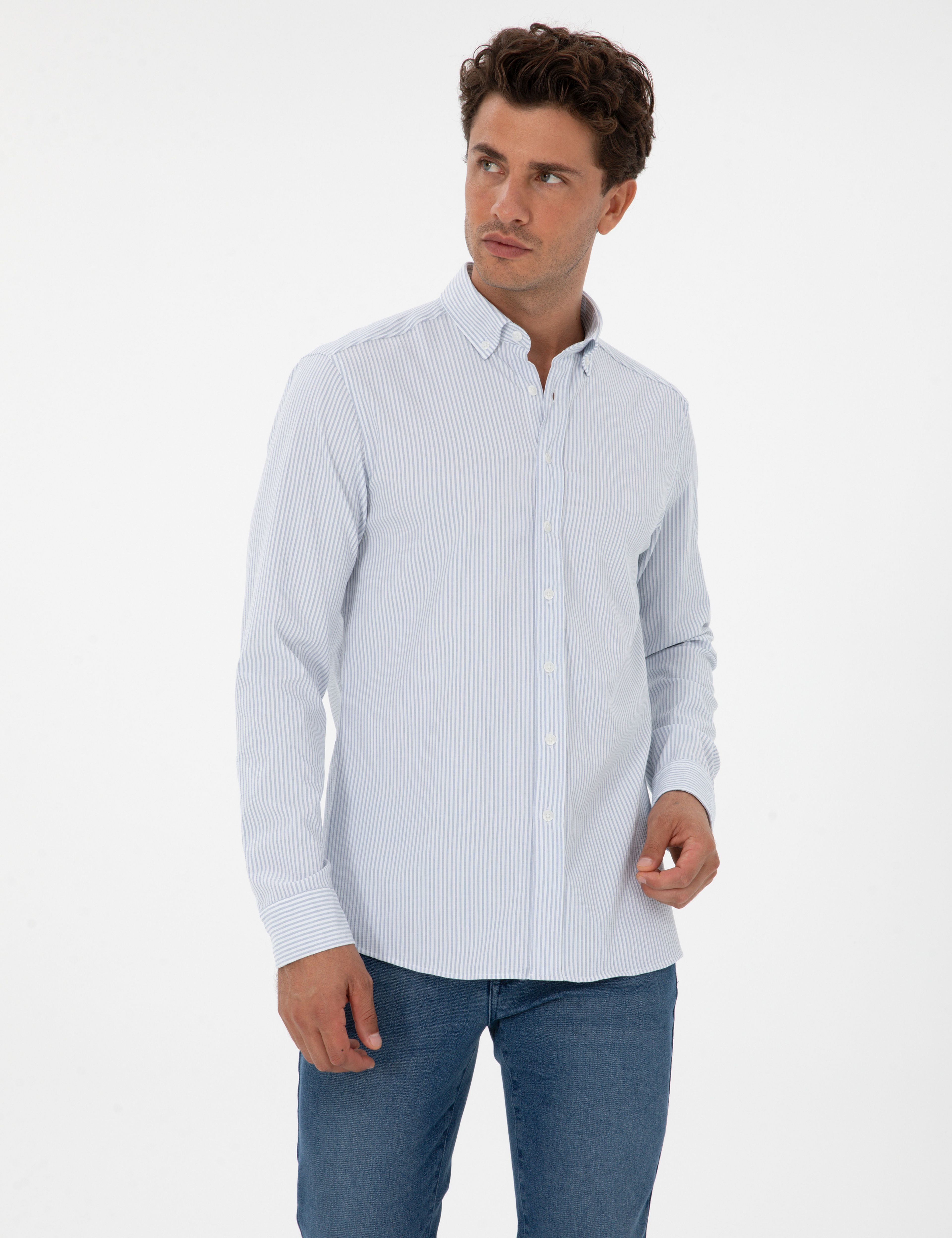 İndigo Slim Fit Çizgili Slim Fit Gömlek - Image 3