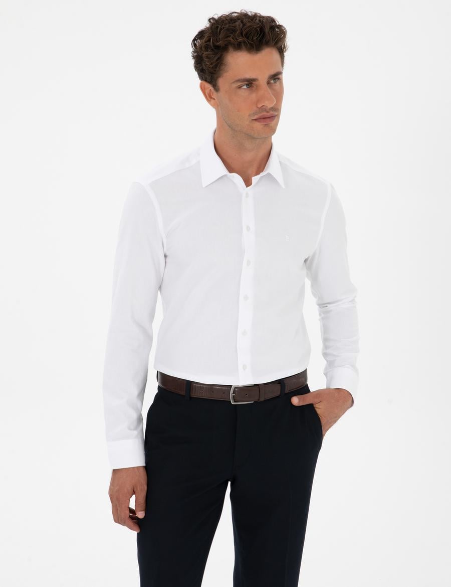 Beyaz  Armürlü Slim Fit Gömlek