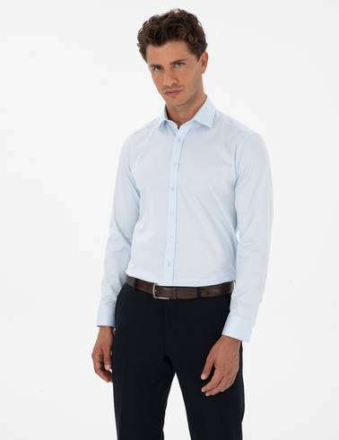 Açık Mavi Likralı Kolay Ütülenebilir Slim Fit Basic Gömlek
