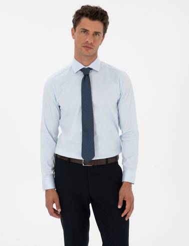 Açık Mavi Likralı Kolay Ütülenebilir Slim Fit Basic Gömlek