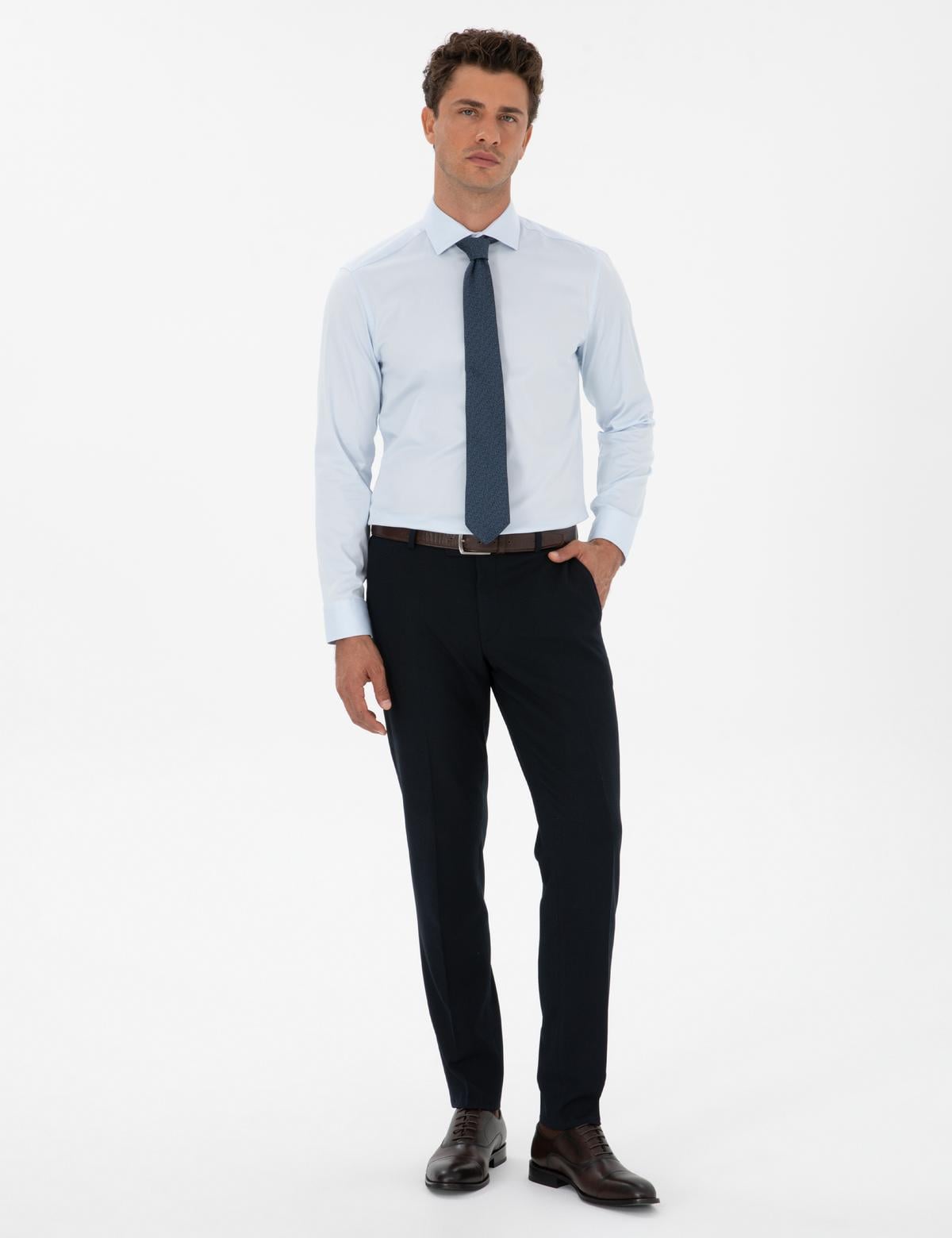 Açık Mavi Likralı Kolay Ütülenebilir Slim Fit Basic Gömlek - 50313178032