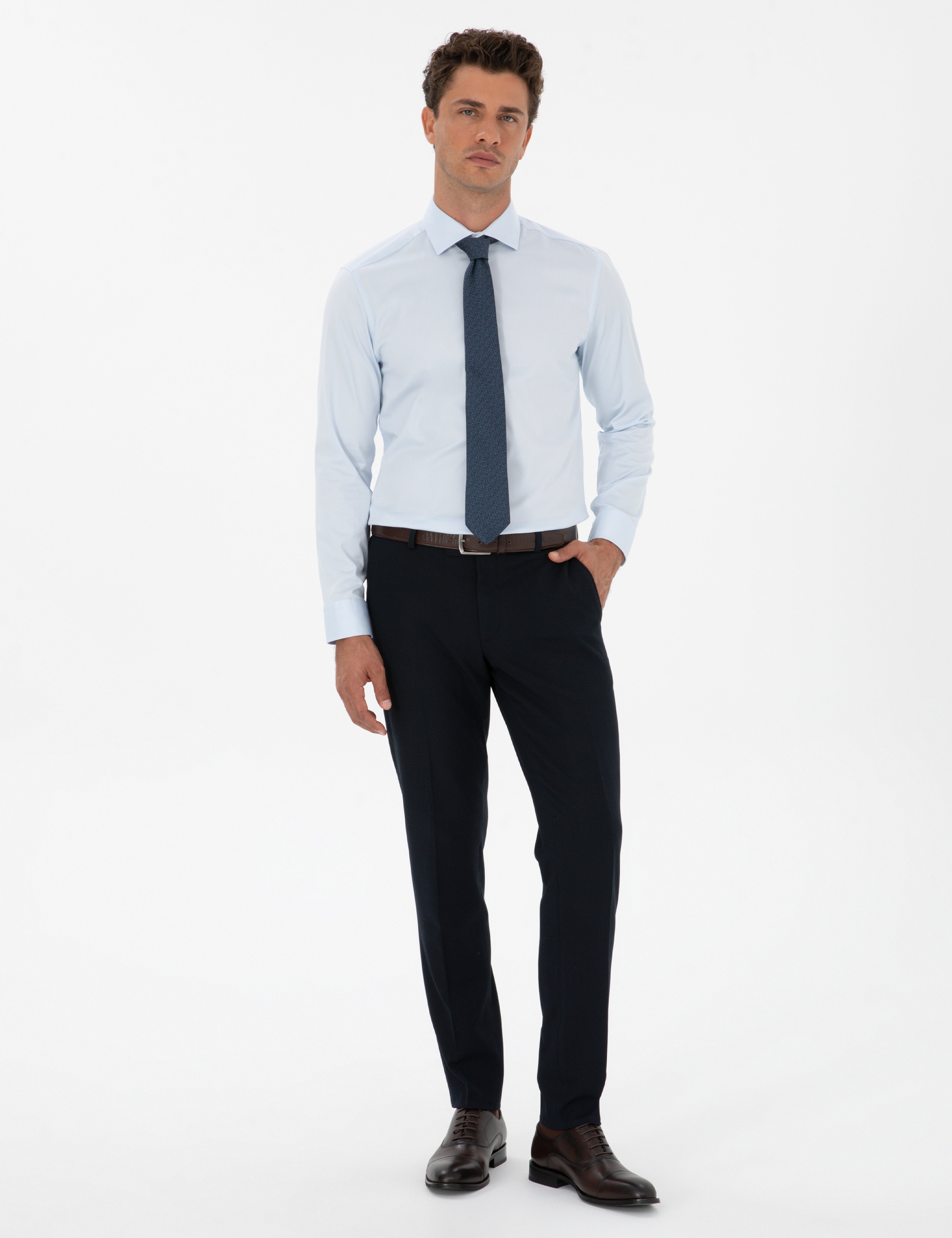 Açık Mavi Likralı Kolay Ütülenebilir Slim Fit Basic Gömlek