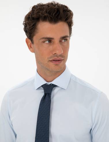 Açık Mavi Likralı Kolay Ütülenebilir Slim Fit Basic Gömlek