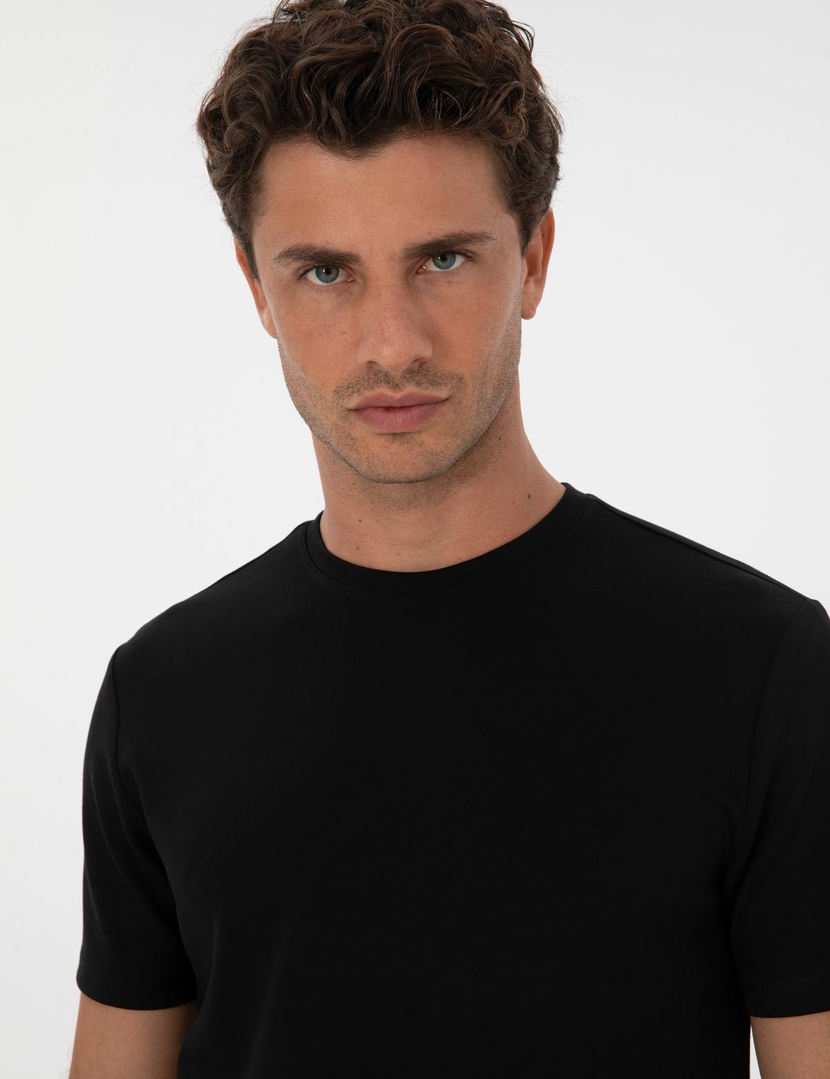 Siyah Regular Fit Kalın Dokulu Bisiklet Yaka Basic Tişört - 50308037108