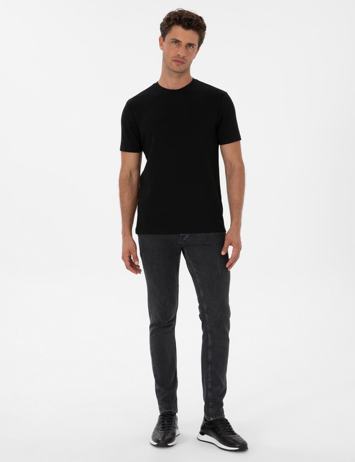 Siyah Regular Fit Kalın Dokulu Bisiklet Yaka Basic Tişört - 50308037108