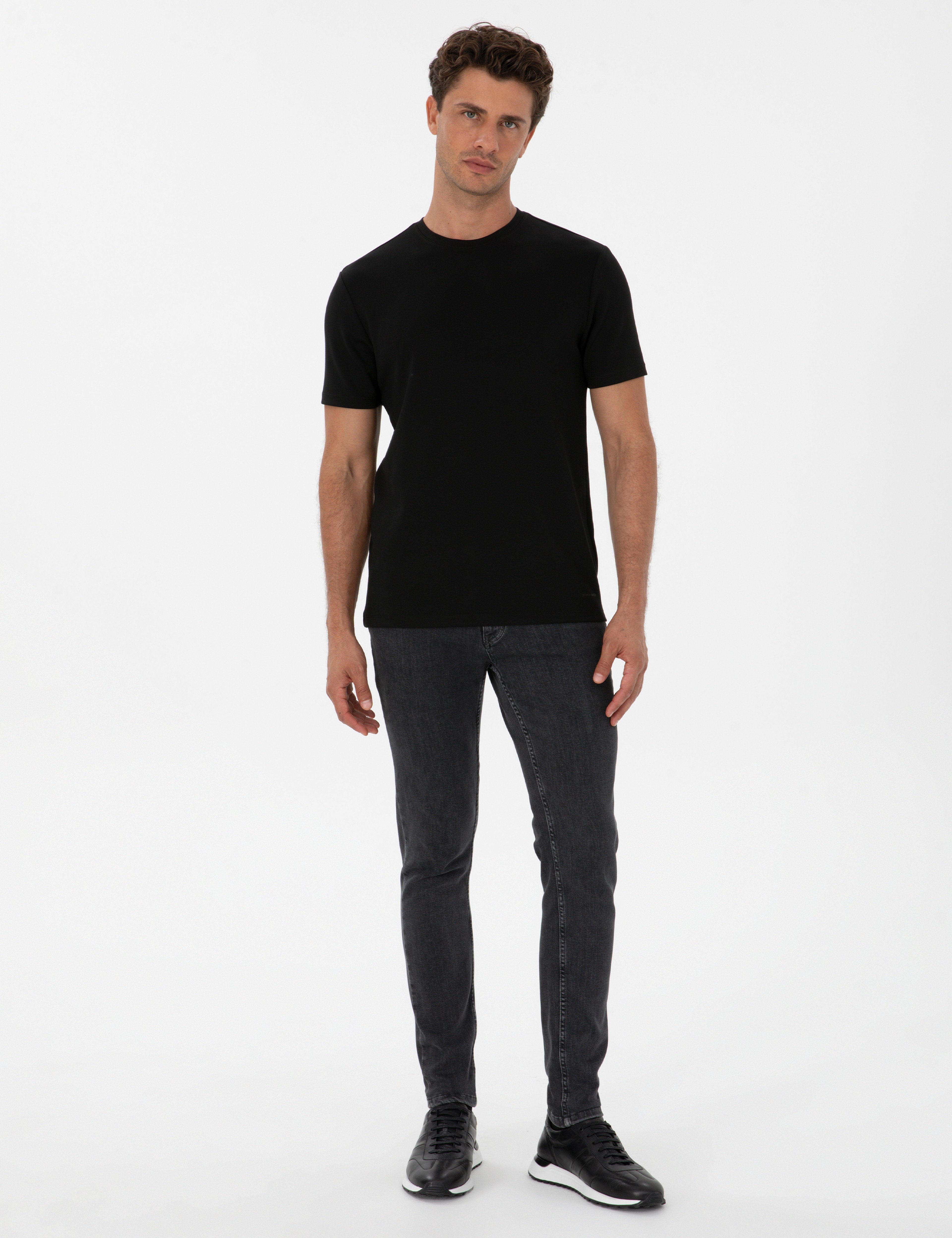 Siyah Regular Fit Kalın Dokulu Bisiklet Yaka Basic Tişört - Image 4