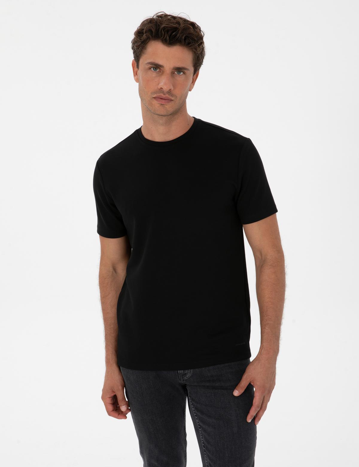 Siyah Regular Fit Kalın Dokulu Bisiklet Yaka Basic Tişört - 50308037108