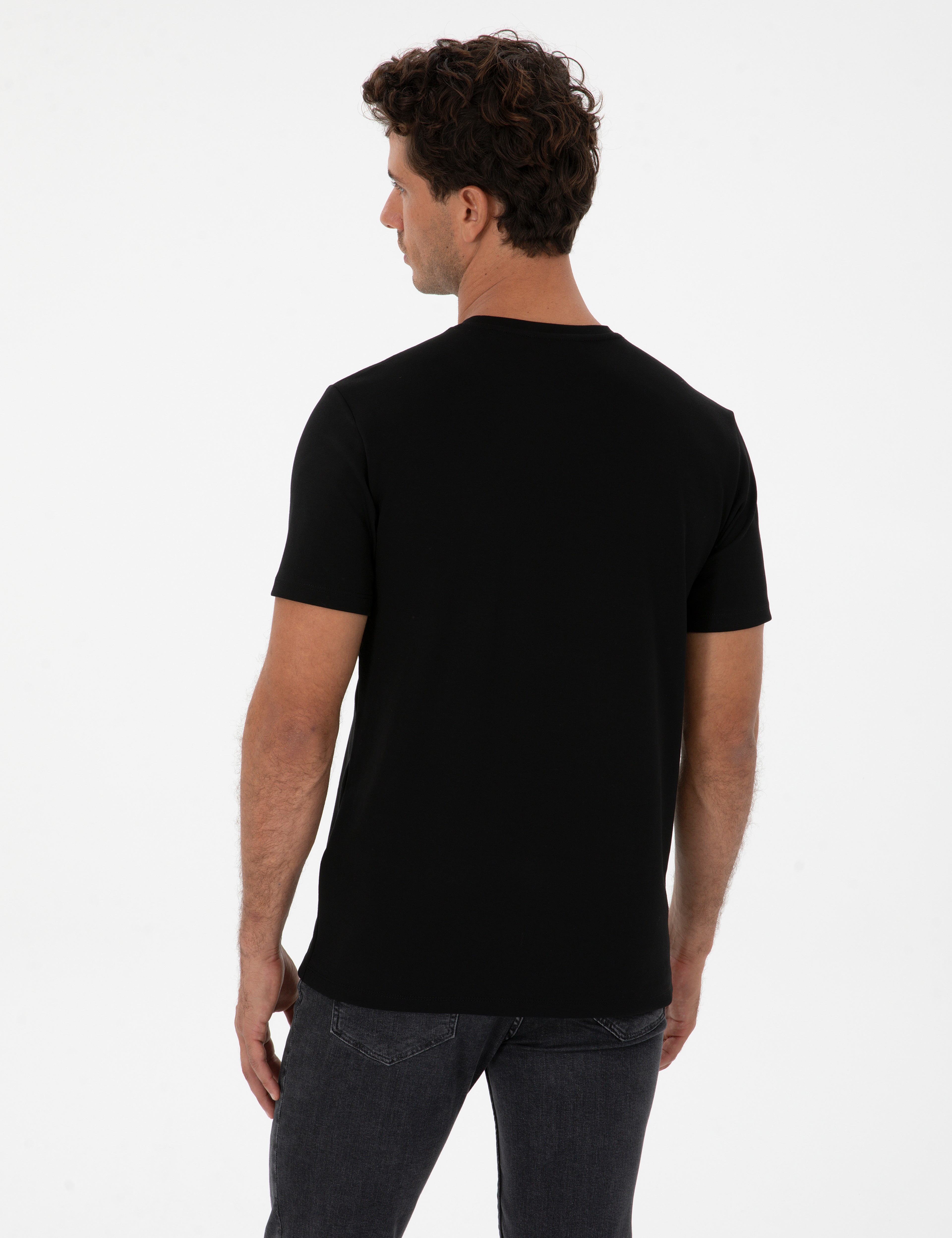 Siyah Regular Fit Kalın Dokulu Bisiklet Yaka Basic Tişört - Image 5