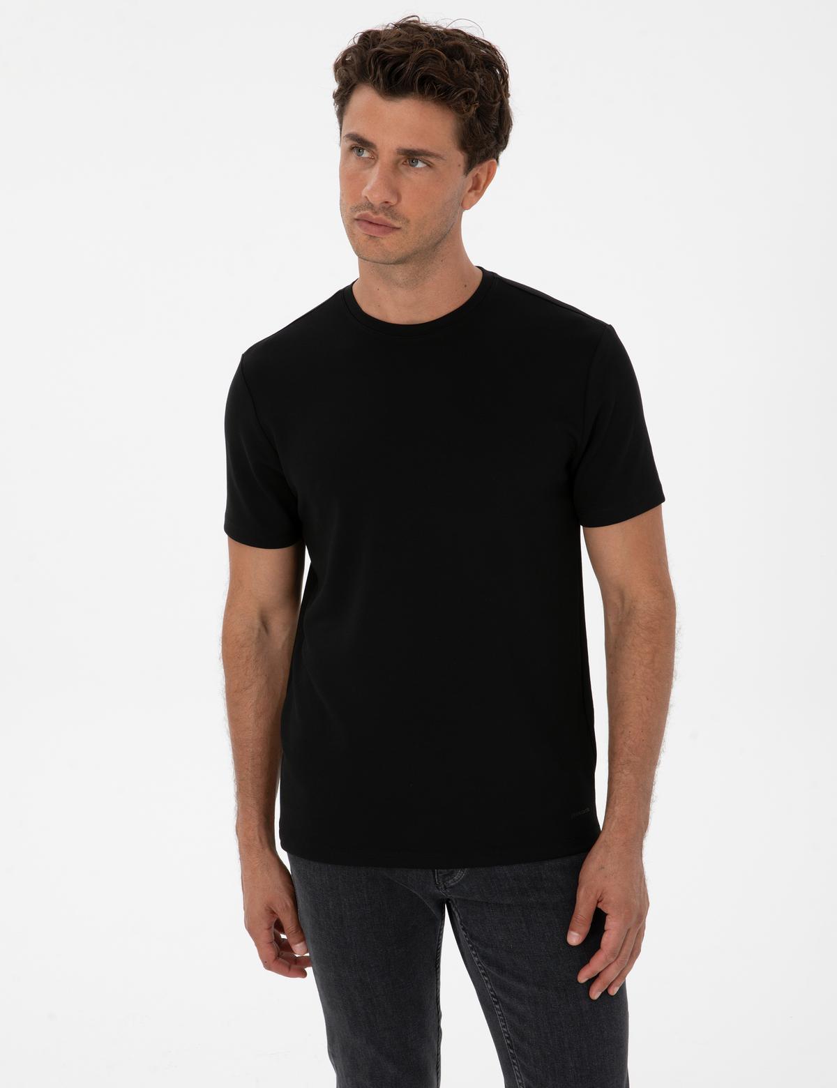 Siyah Regular Fit Kalın Dokulu Bisiklet Yaka Basic Tişört