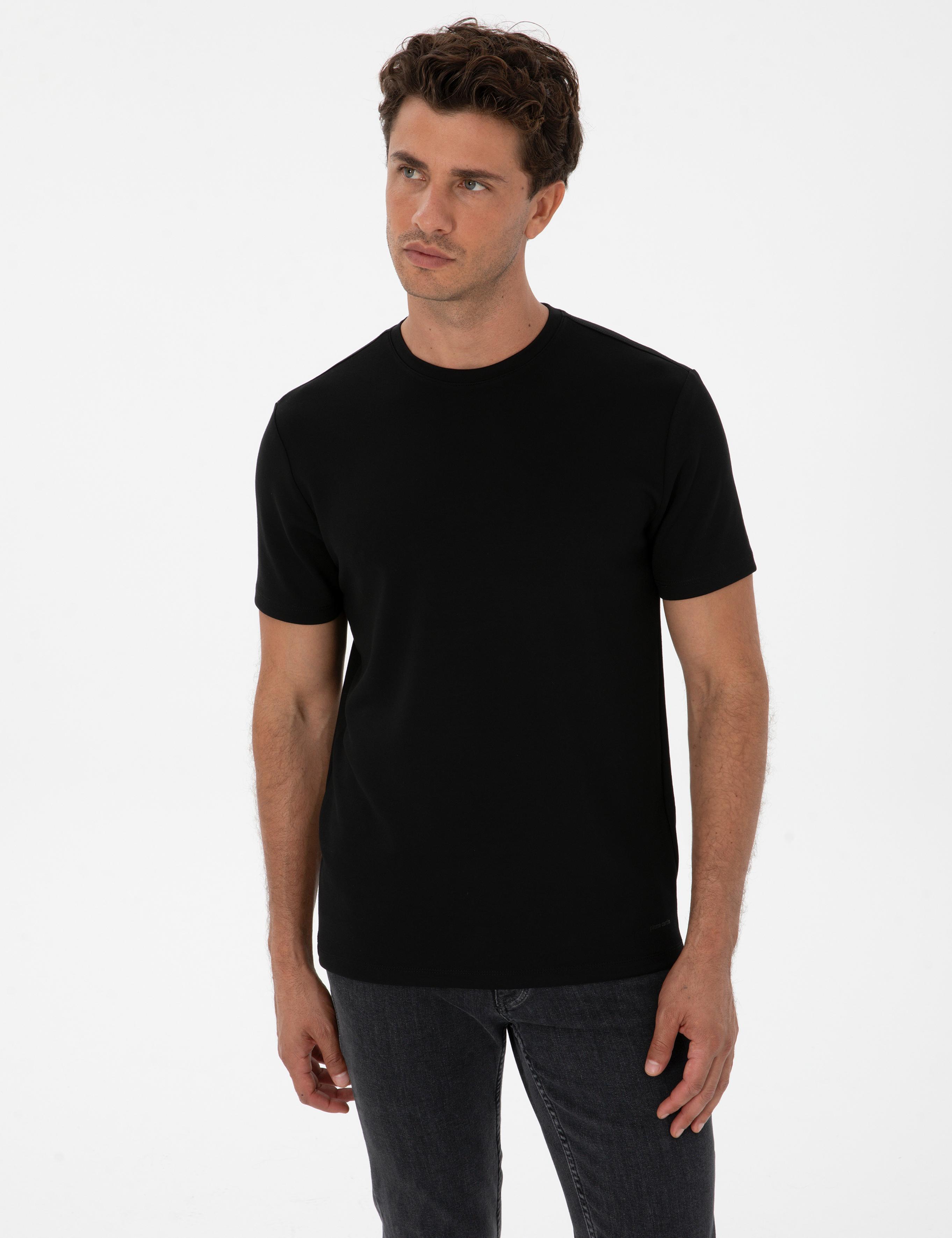 Siyah Regular Fit Kalın Dokulu Bisiklet Yaka Basic Tişört