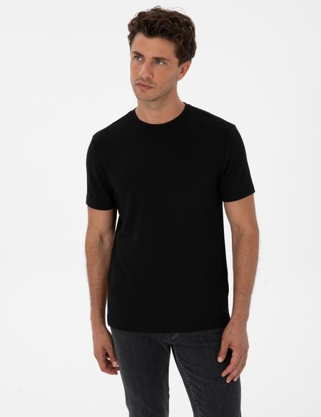 Siyah Regular Fit Kalın Dokulu Bisiklet Yaka Basic Tişört - 50308037108