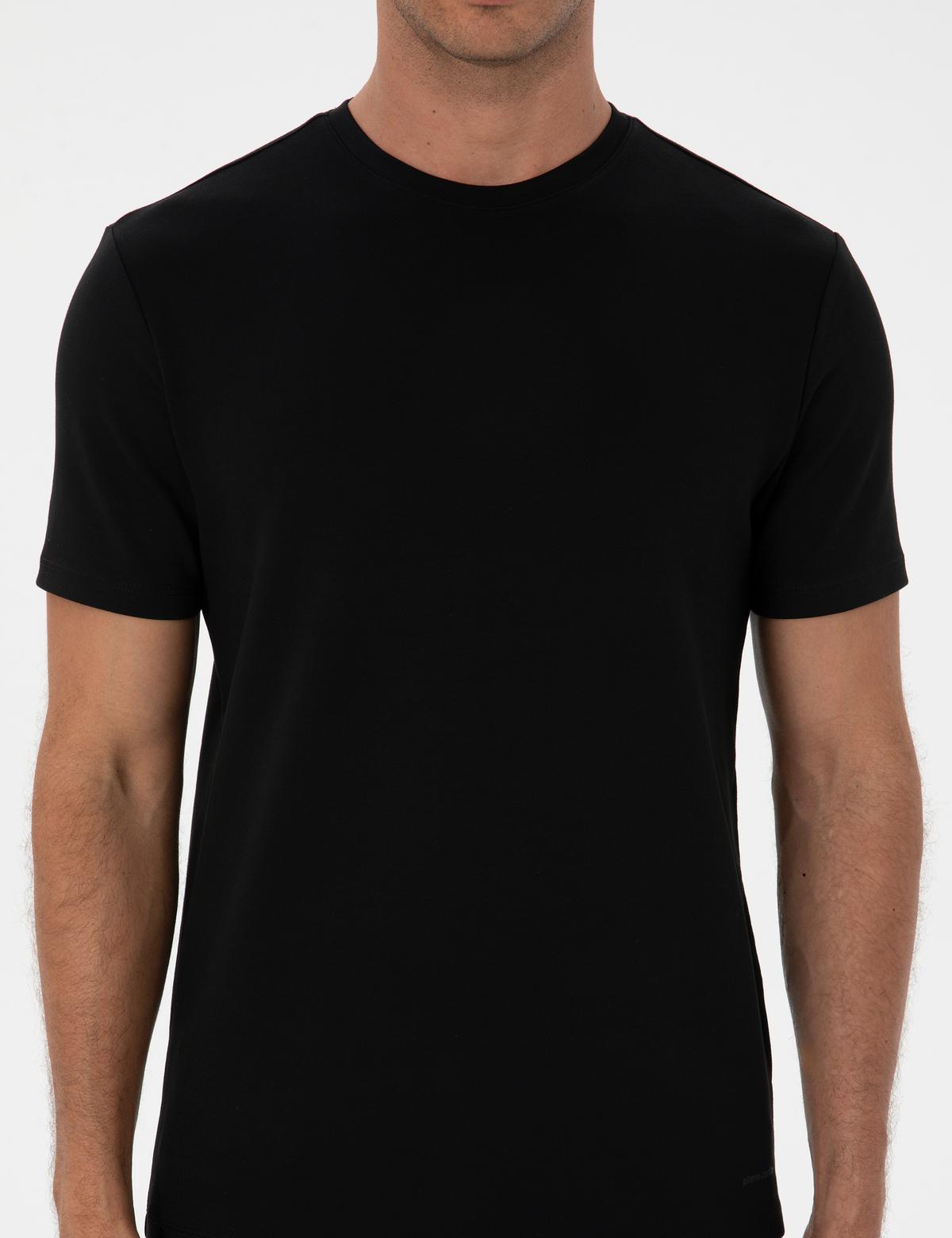 Siyah Regular Fit Kalın Dokulu Bisiklet Yaka Basic Tişört - 50308037108