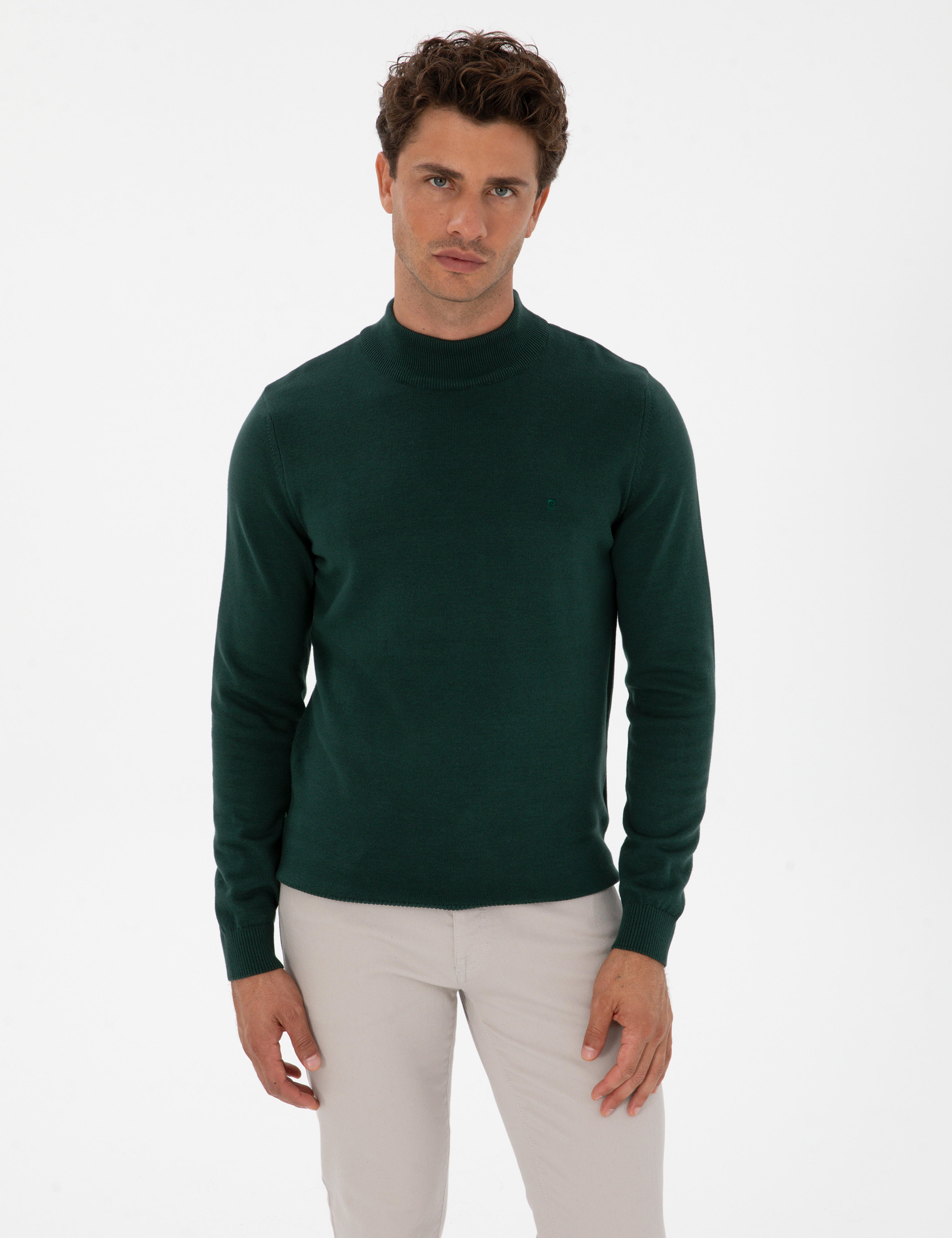 Yeşil Slim Fit Yarım Balıkçı Yaka Basic Triko Kazak - Image 3