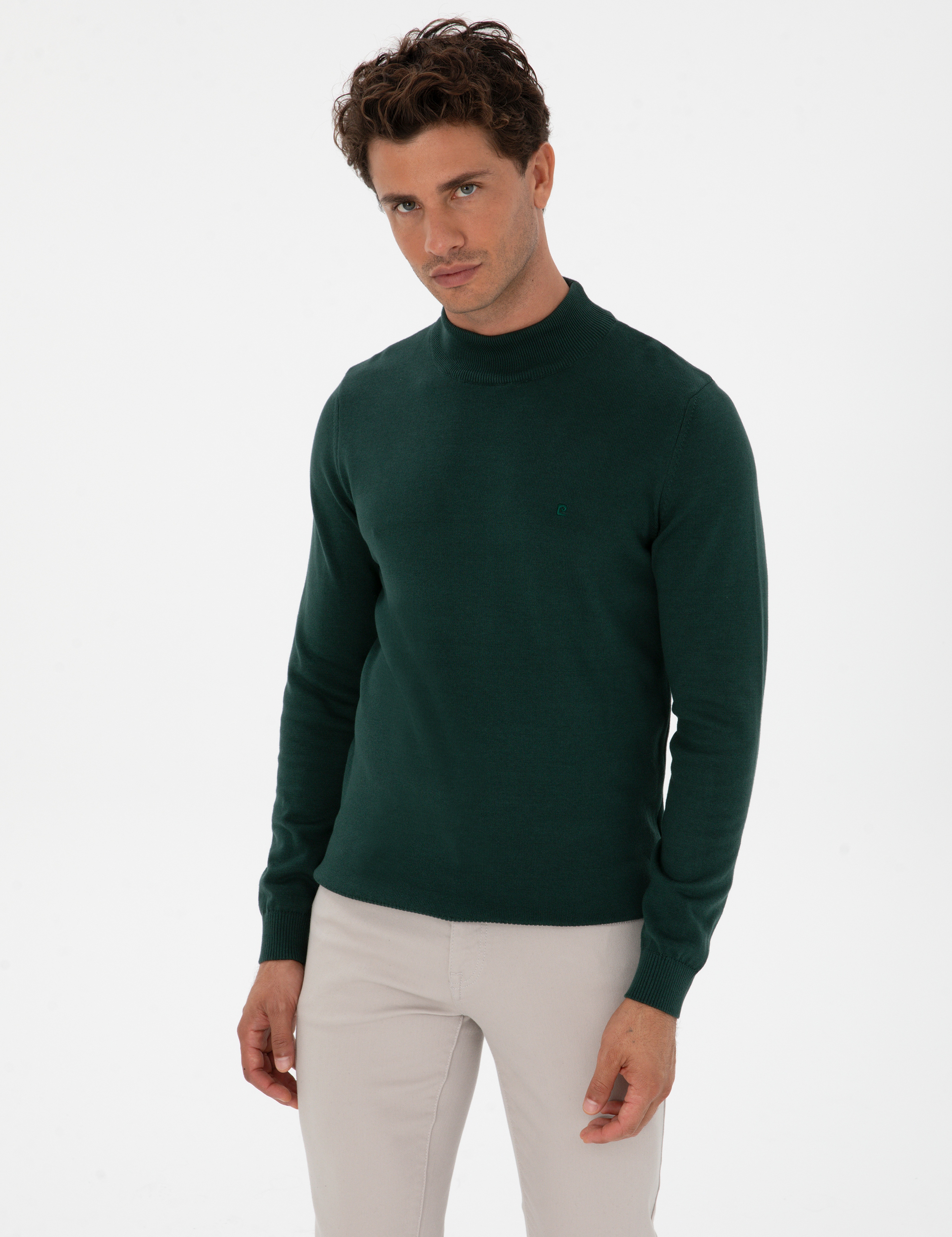 Yeşil Slim Fit Yarım Balıkçı Yaka Basic Triko Kazak - Image 1