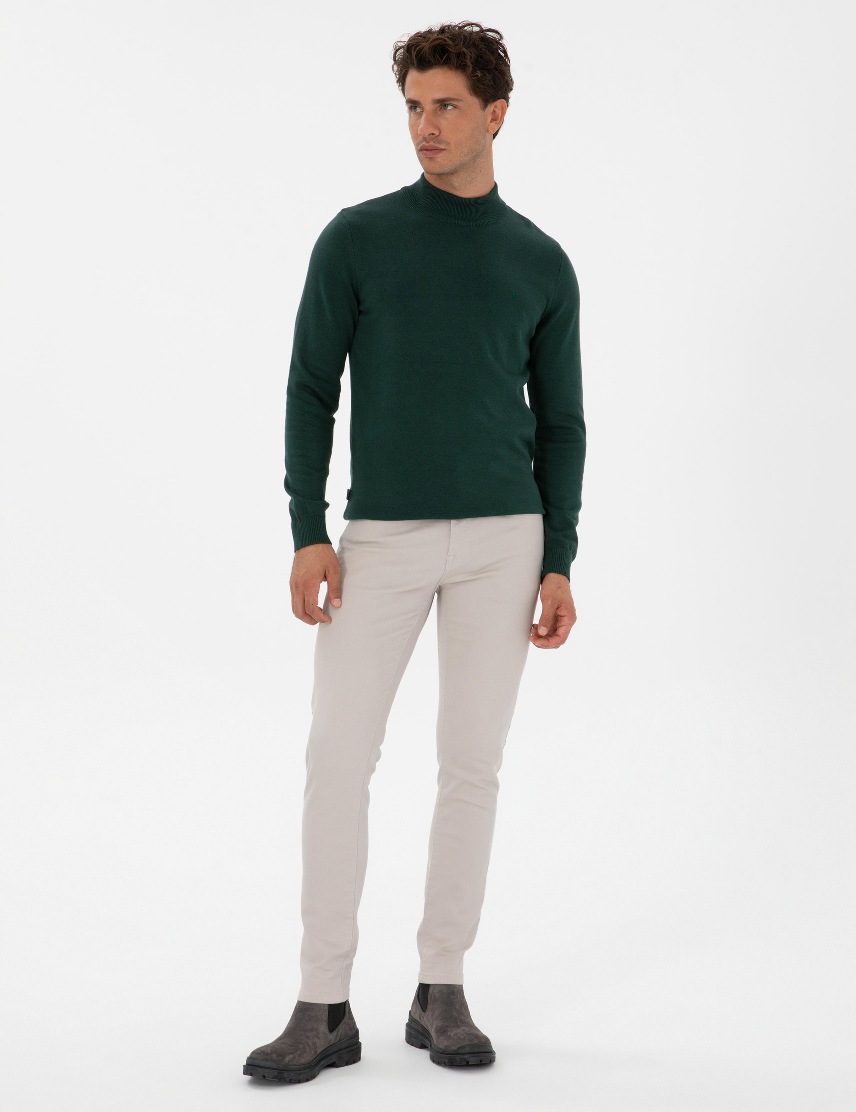 Yeşil Slim Fit Yarım Balıkçı Yaka Basic Triko Kazak