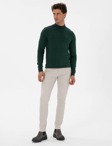 Yeşil Slim Fit Yarım Balıkçı Yaka Basic Triko Kazak