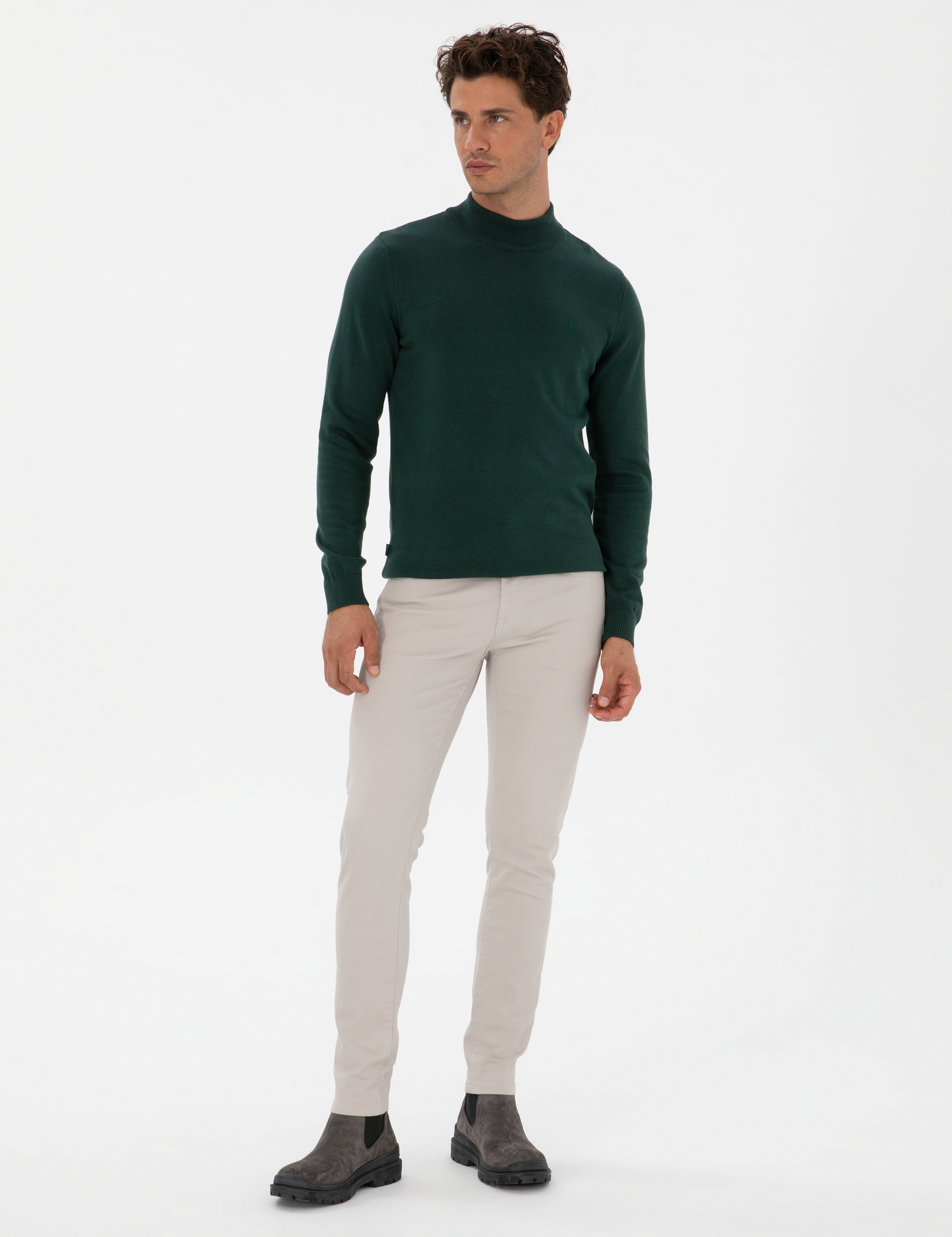 Yeşil Slim Fit Yarım Balıkçı Yaka Basic Triko Kazak - Image 4