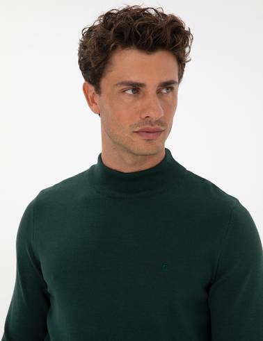 Yeşil Slim Fit Yarım Balıkçı Yaka Basic Triko Kazak